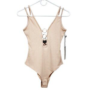 Ribbed Pink Sleeveless Bodysuit With Silver Rings Detail Size S